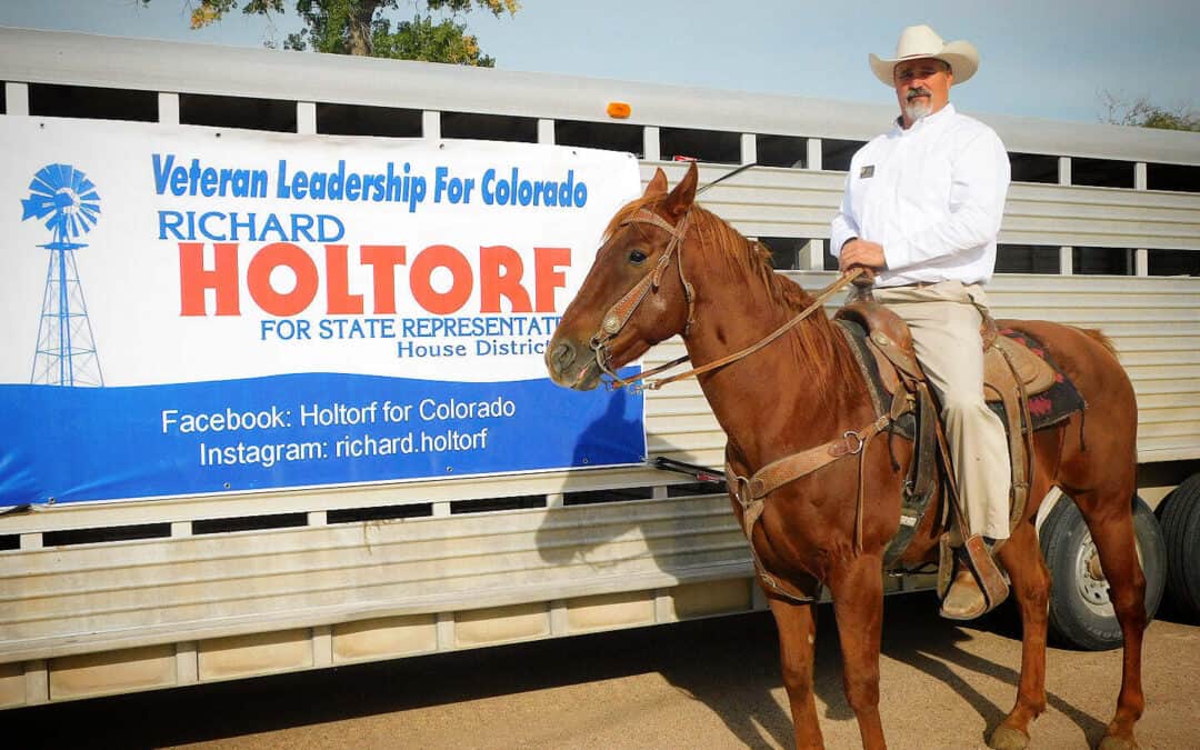 Richard Holtorf. Campaigning on a horse for rural Colorado