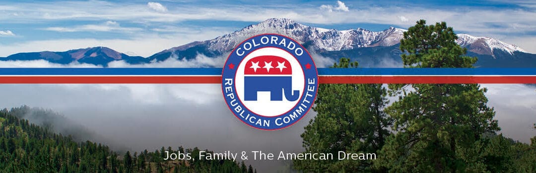 GOP logo with a mountain and tree background
